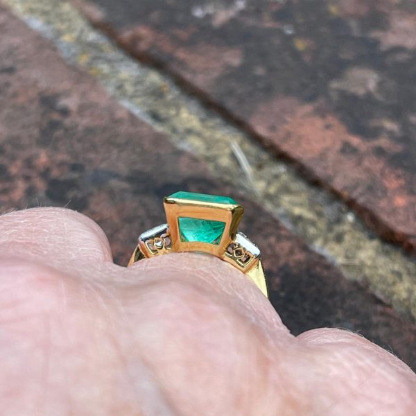5ct Octagonal Cut Emerald and Diamond Three Stone Ring in 18ct Yellow Gold