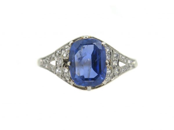 Vintage Sapphire Engagement Ring, Diamond Shoulders, Sri Lanka