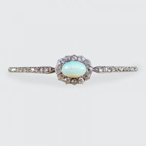 Late Victorian Antique Opal and Diamond Cluster Bangle Bracelet