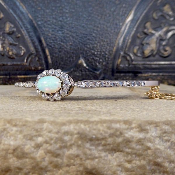 Late Victorian Antique Opal and Diamond Cluster Bangle Bracelet