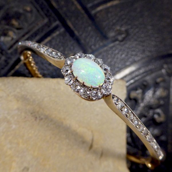 Late Victorian Antique Opal and Diamond Cluster Bangle Bracelet