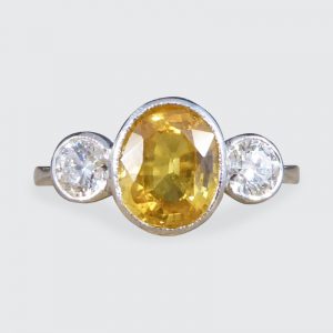 Yellow Sapphire and Diamond Three Stone Platinum Ring