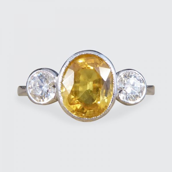 Yellow Sapphire and Diamond Three Stone Platinum Ring