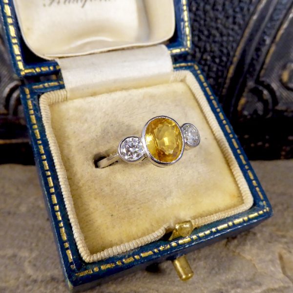 Yellow Sapphire and Diamond Three Stone Platinum Ring