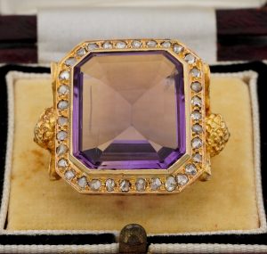 Rare and Imposing Antique Victorian Amethyst and Diamond Angel Bishop Ring