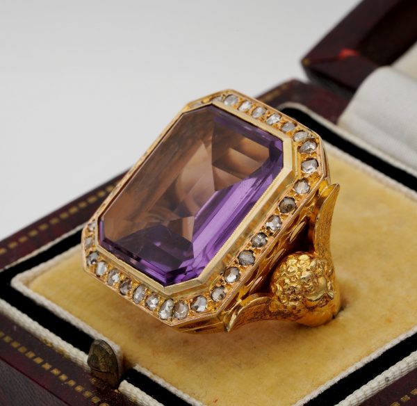 Rare and Imposing Antique Victorian Amethyst and Diamond Angel Bishop Ring