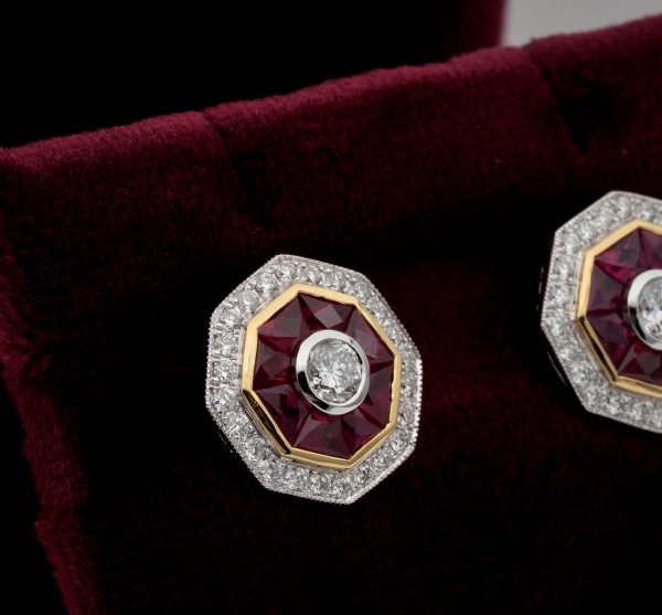 Art Deco Style 1.40ct Natural Ruby and Diamond Target Stud Earrings