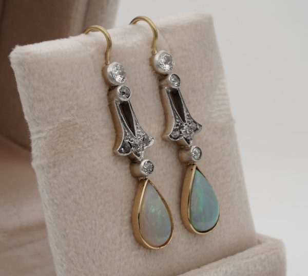 Antique Edwardian Opal and Diamond Silver on Gold Drop Earrings