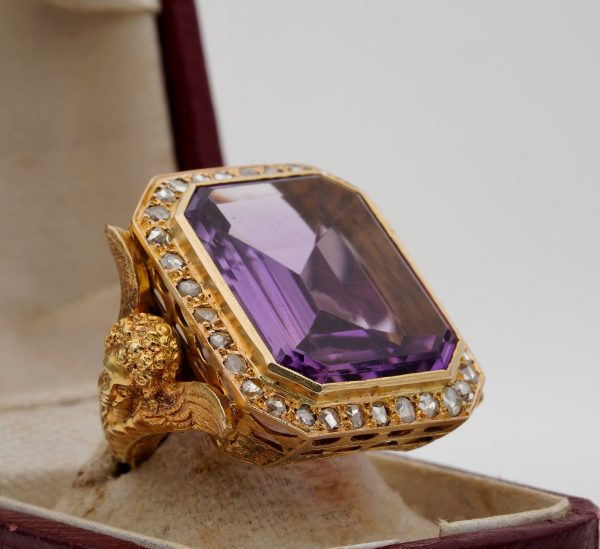 Rare and Imposing Antique Victorian Amethyst and Diamond Angel Bishop Ring