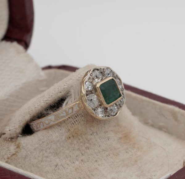 Antique Georgian Emerald Diamond Memorial 18ct Gold Ring, Circa 1770