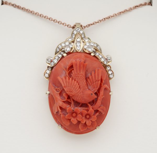 Vintage Carved Bird Coral and Diamond Large Pendant Brooch
