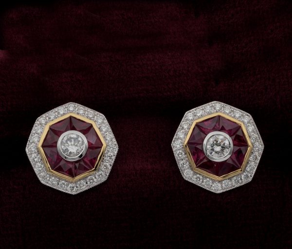 Art Deco Style 1.40ct Natural Ruby and Diamond Target Stud Earrings