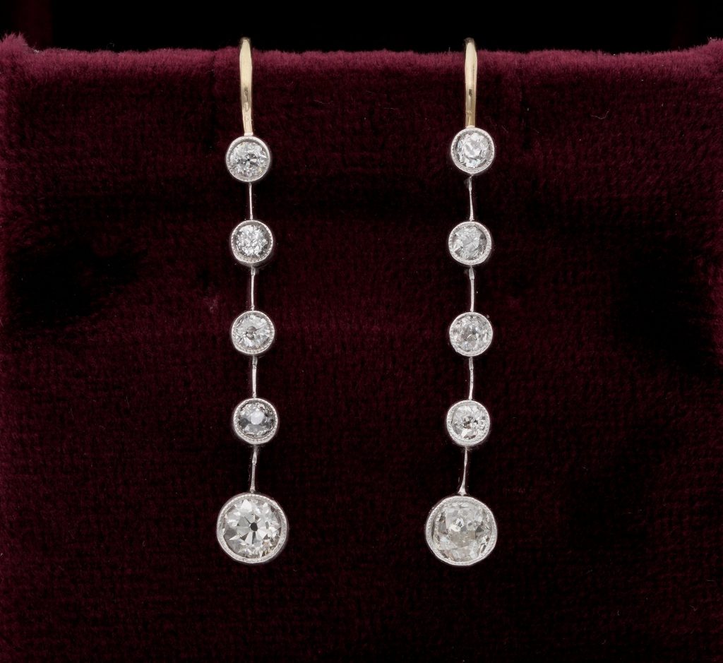 Antique Victorian 1.10ct Old Mine Cut Diamond Bar Line Drop Earrings ...