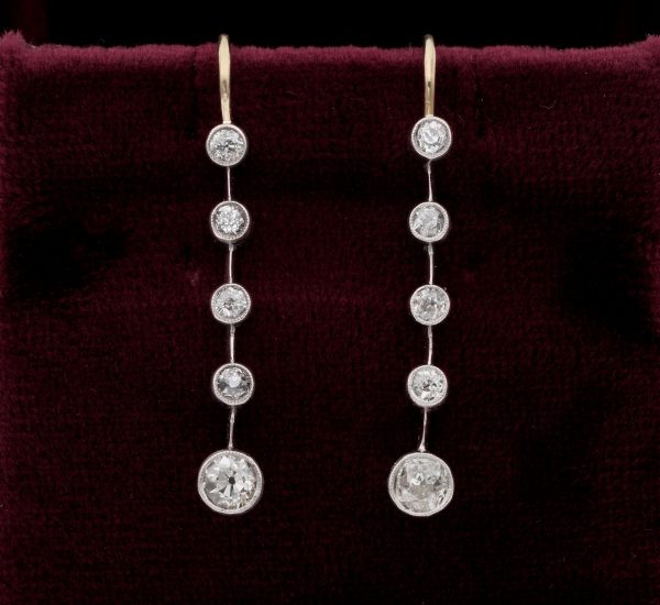 Antique Victorian 1.10ct Old Mine Cut Diamond Bar Line Drop Earrings
