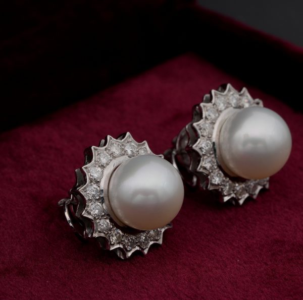 Vintage South Sea Pearl and 1.20ct Brilliant Cut Diamond Platinum Earrings