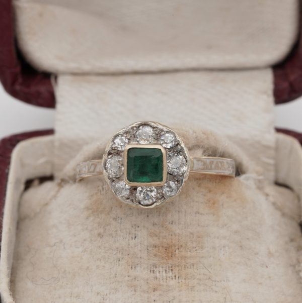 Antique Georgian Emerald Diamond Memorial 18ct Gold Ring, Circa 1770