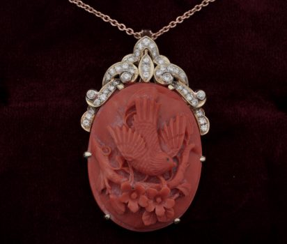 Vintage Carved Bird Coral and Diamond Large Pendant Brooch - Jewellery ...