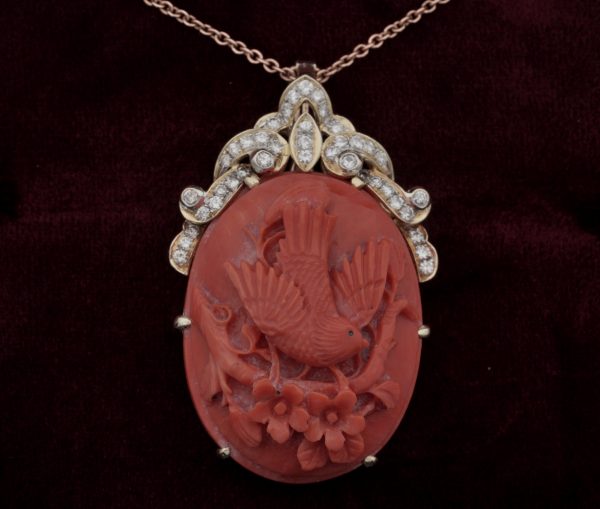 Vintage Carved Bird Coral and Diamond Large Pendant Brooch - Jewellery ...