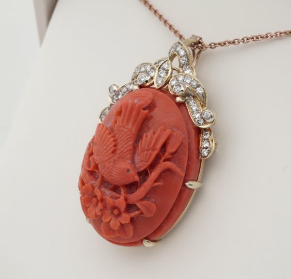 Vintage Carved Bird Coral and Diamond Large Pendant Brooch