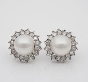 Vintage South Sea Pearl and 1.20ct Brilliant Cut Diamond Platinum Earrings