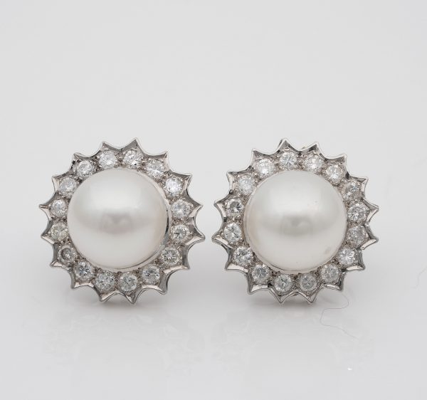 Vintage South Sea Pearl and 1.20ct Brilliant Cut Diamond Platinum Earrings