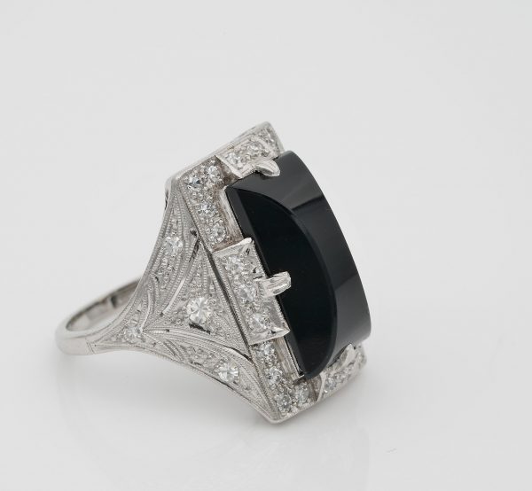 Vintage Art Deco Black Onyx Diamond Platinum Cocktail Ring