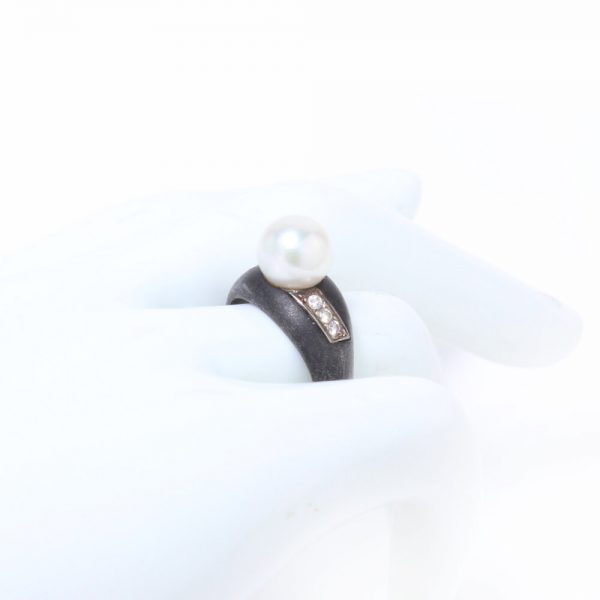 March and Co Vintage Pearl, Diamond and Gun Metal Ring, Circa 1930s