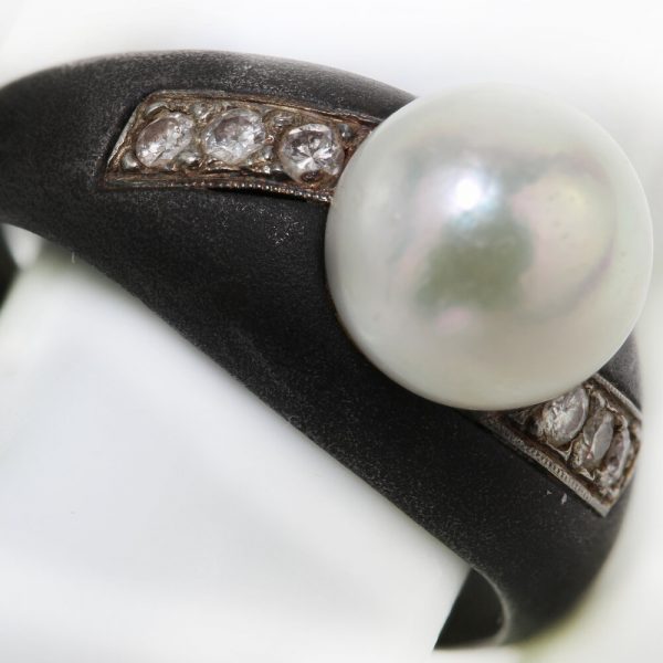 Vintage 1930s March and Co Gun Metal Black Steel, Pearl and Diamond Ring