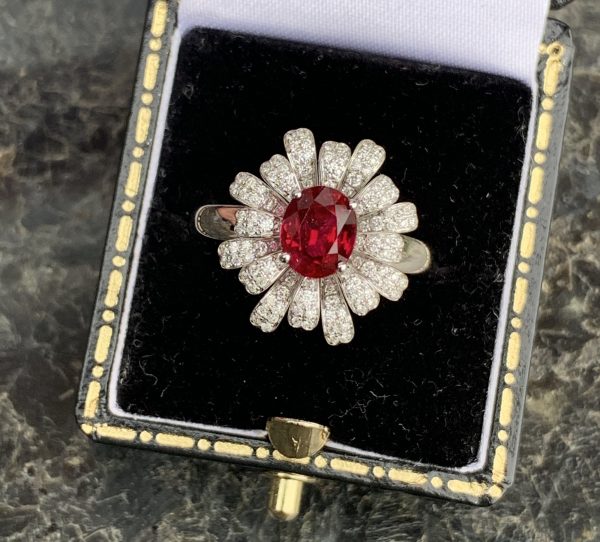 1.28ct Burmese Ruby and Diamond Flower Cluster Dress Ring in 18ct White Gold