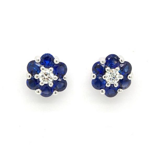 Pair of Sapphire and Diamond Flower Cluster Stud Earrings in 18ct white gold