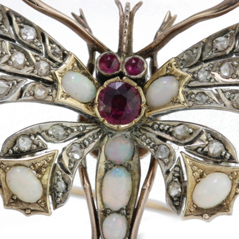 Antique Victorian Butterfly Brooch With Opals, Rubies And Diamonds