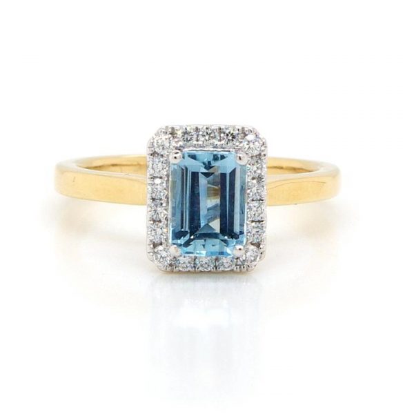 Emerald Cut Aquamarine and Diamond Cluster Ring in 18ct Yellow Gold, 0.90 carats