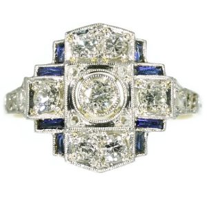 Antique Art Deco Engagement Ring with Diamonds and Sapphires