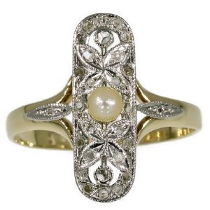 Antique Belle Epoque Ring with Rose Cut Diamonds and Pearl