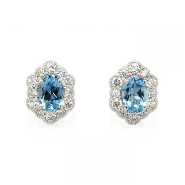Aquamarine and Diamond Oval Floral Cluster Stud Earrings in 18ct White Gold, 0.82 carats