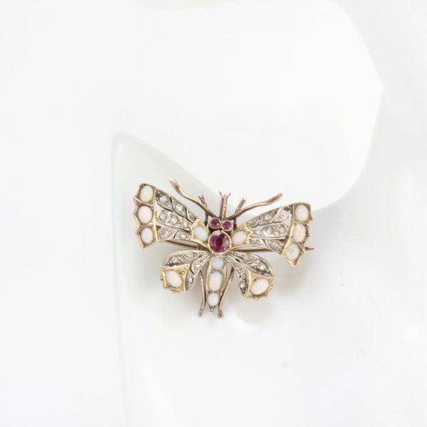 Antique Victorian Butterfly Brooch with Opals, Rubies and Diamonds, set in silver and 15ct gold