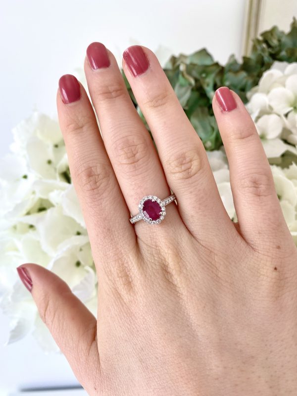 1.49ct Oval Cut Ruby and Diamond Cluster Engagement Ring in 18ct White Gold