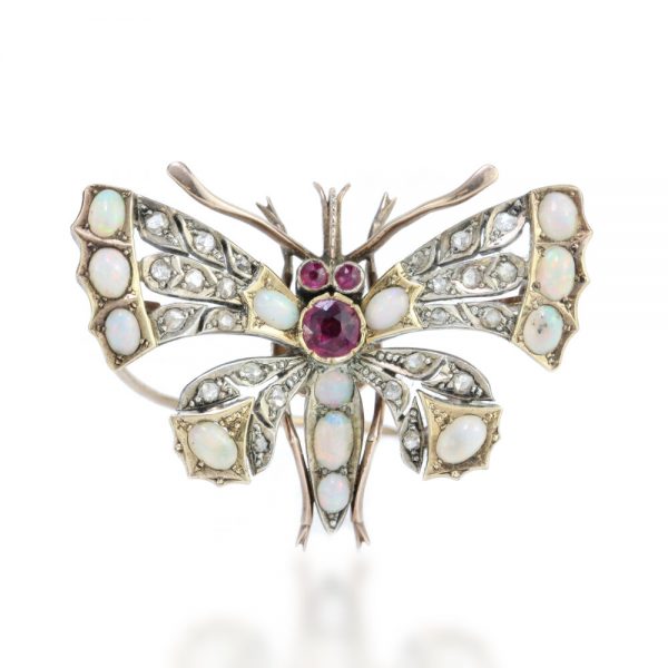 Antique Victorian Butterfly Brooch with Opals, Rubies and Diamonds, set in silver and 15ct gold, Made in England, Circa 1860s