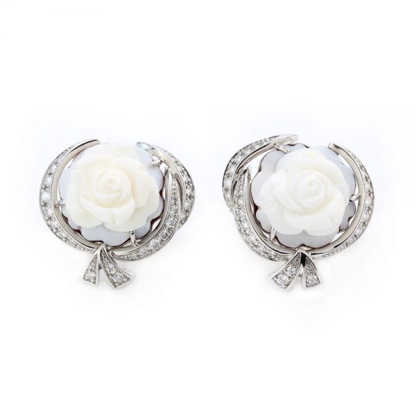 Breguet Rose de la Reine Carved Cameo and Diamond Earrings; adorned with a unique hand-sculpted cameo floral motif and diamond set bow, in 18ct white gold, Signed