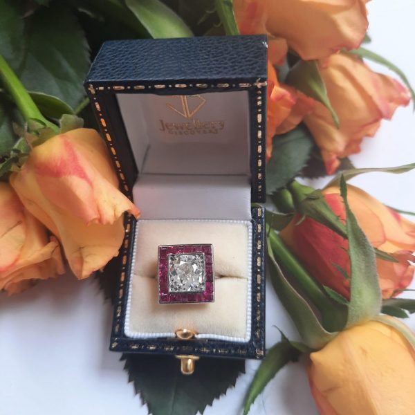 Art Deco 2.01ct Diamond and Calibre Ruby Square Shaped Cluster Ring