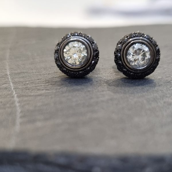 White Diamond Stud Earrings with Detachable Black Diamond Halos