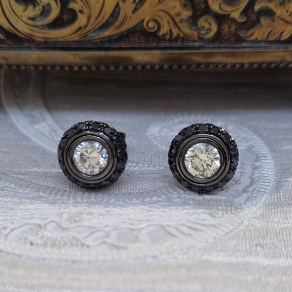 White Diamond Stud Earrings with Detachable Black Diamond Halo Clusters