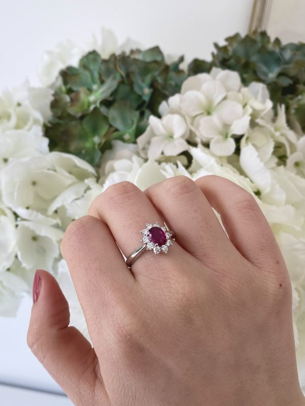 1.11ct Ruby and Diamond Oval Cluster Ring in 18ct White Gold, no heat treatment