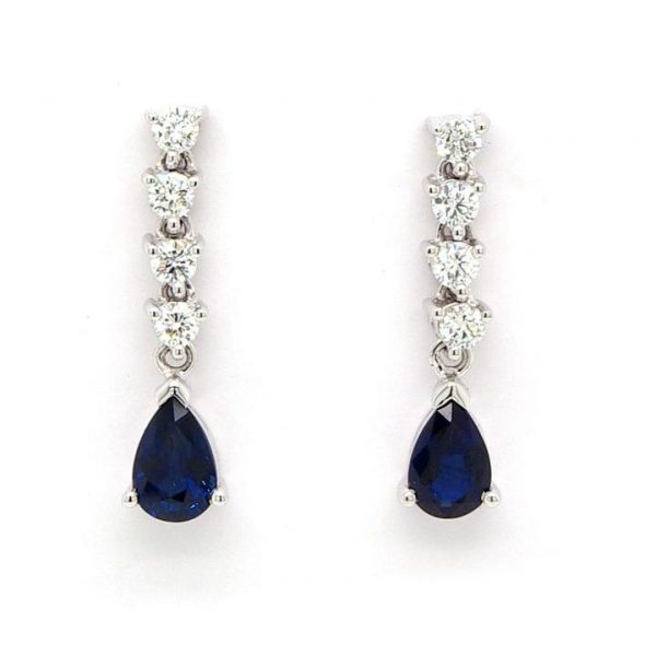 Pear Cut Sapphire and Diamond Long Drop Earrings in 18ct White Gold