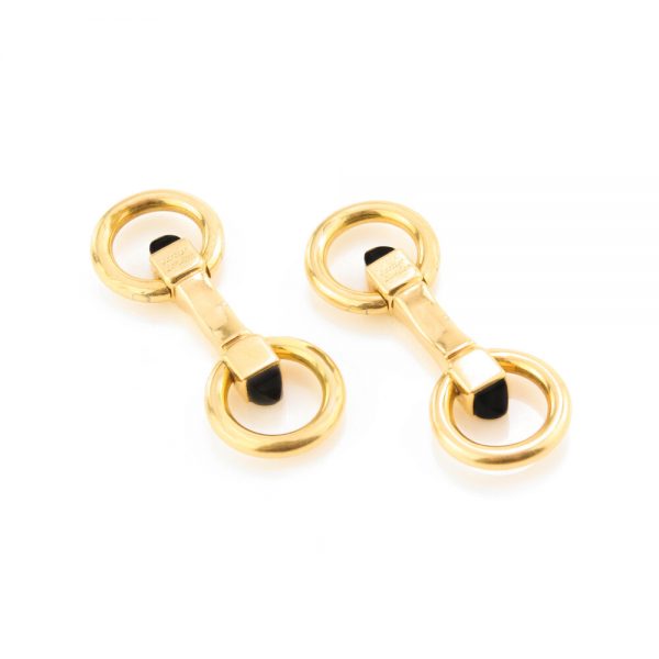 Cartier Vintage 18ct Yellow Gold Cufflinks with Onyx, Made in London, Circa 1970s. Designer Jacques Cartier