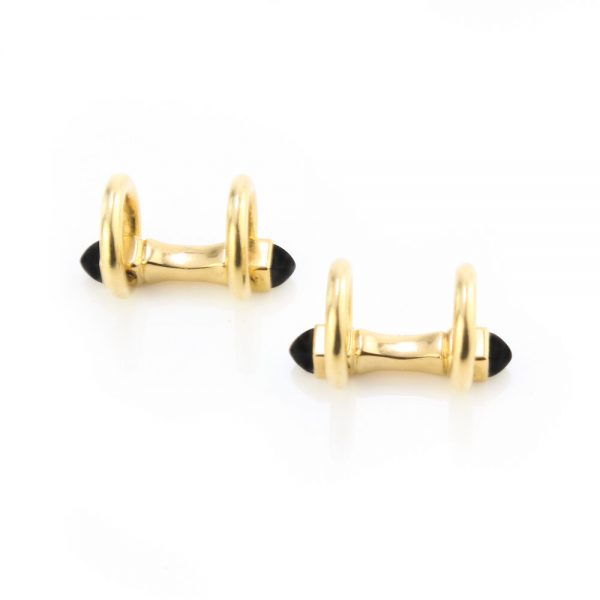 Cartier Vintage 18ct Yellow Gold Cufflinks with Onyx, Made in London, Circa 1970s. Designer Jacques Cartier
