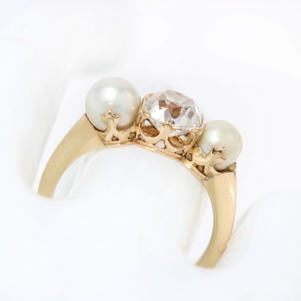 Antique Victorian Old Cushion Cut Diamond and Natural Pearl Three Stone Ring in 15ct Gold, 19th century Circa 1890s