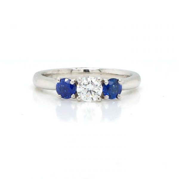 Diamond and Sapphire Three Stone Engagement Ring in Platinum
