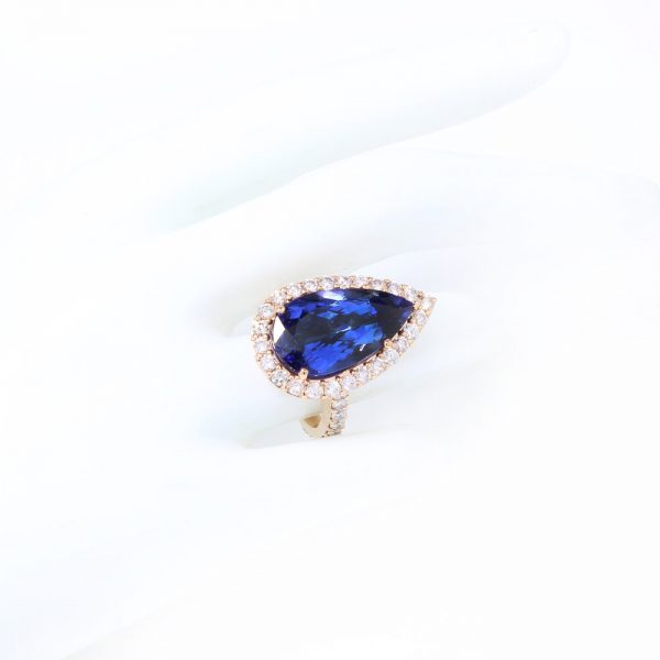 Vintage 12ct Pear Cut Tanzanite and Diamond Cluster Ring in 18ct Yellow Gold, Circa 1970s, with GCS certificate