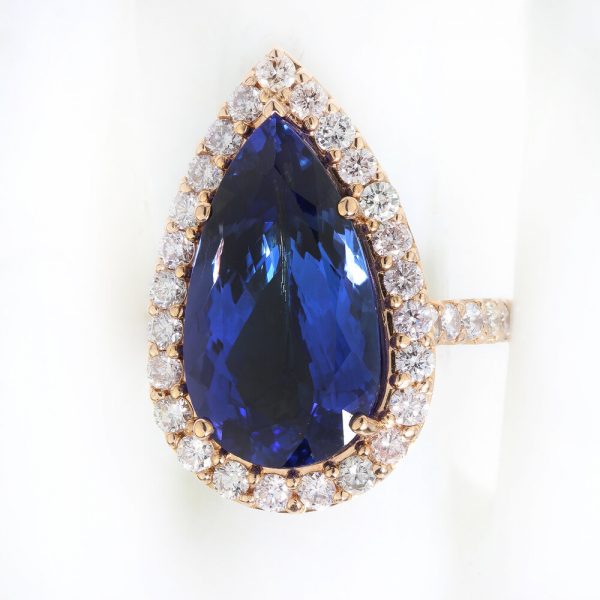 Vintage 12ct Pear Cut Tanzanite and Diamond Cluster Ring in 18ct Yellow Gold, Circa 1970s, with GCS certificate